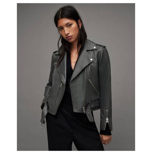 Allsaints Balfern City Smoke Gray Epaulette Lined Biker Leather Jacket Sz 4/S